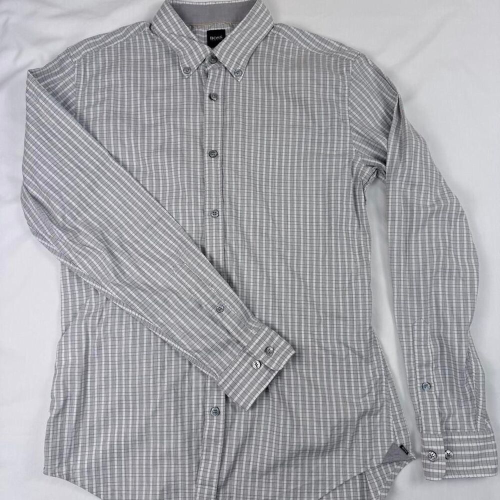Hugo-boss Men's Grey and White Shirt sz large Slim Fit